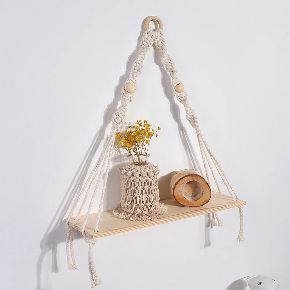 Boho Macrame Wooden Wall Hanging Shelves