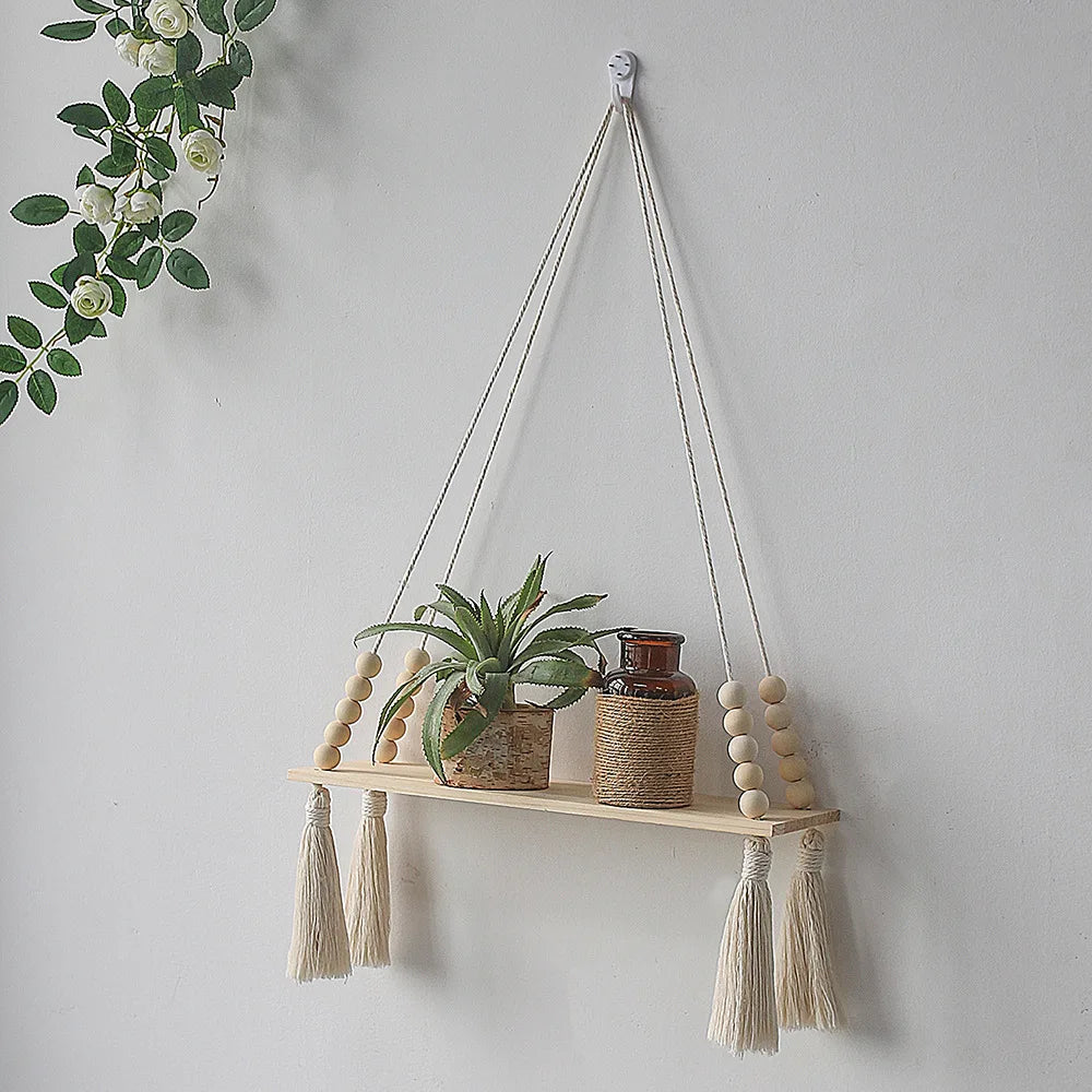 Boho Macrame Wooden Wall Hanging Shelves