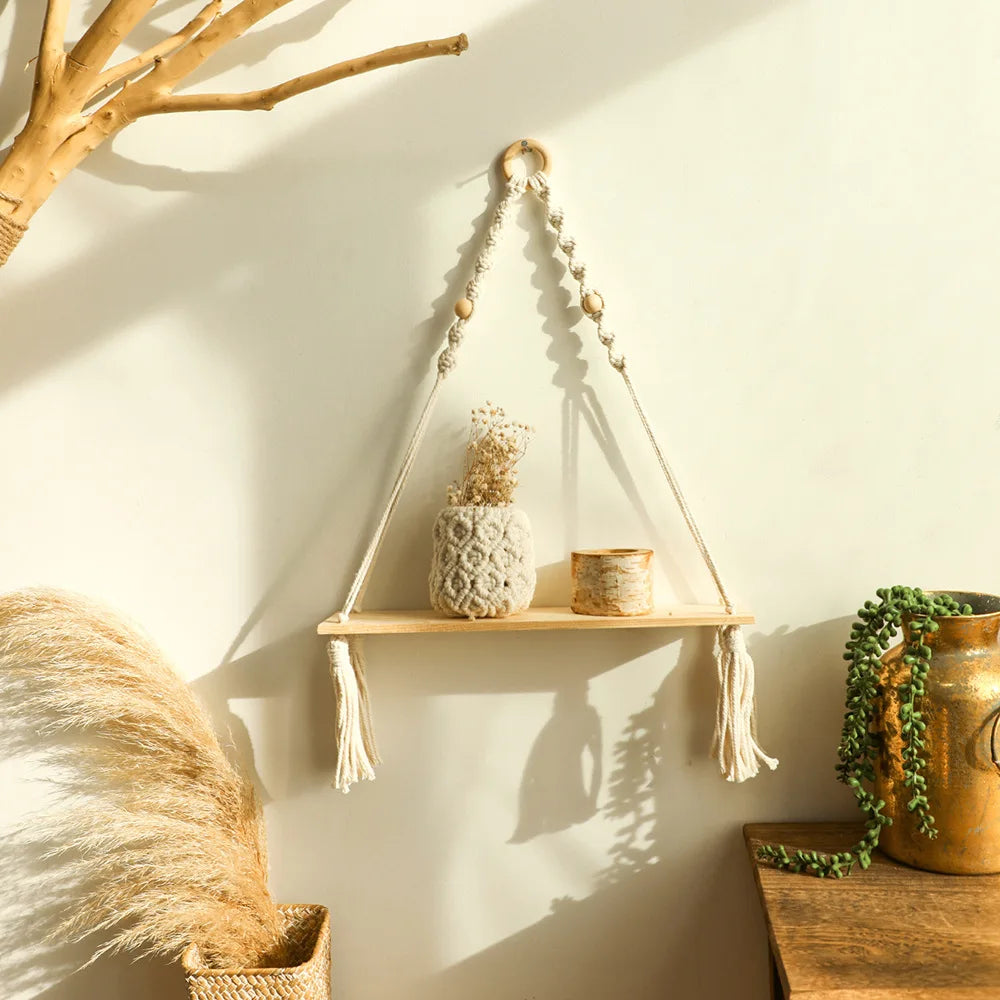Boho Macrame Wooden Wall Hanging Shelves