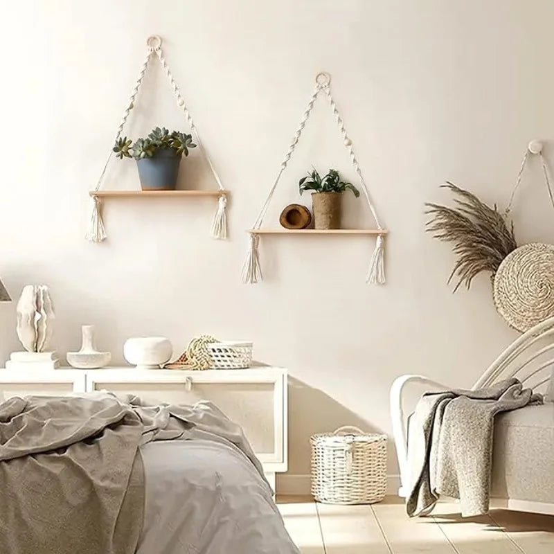 Boho Macrame Wooden Wall Hanging Shelves