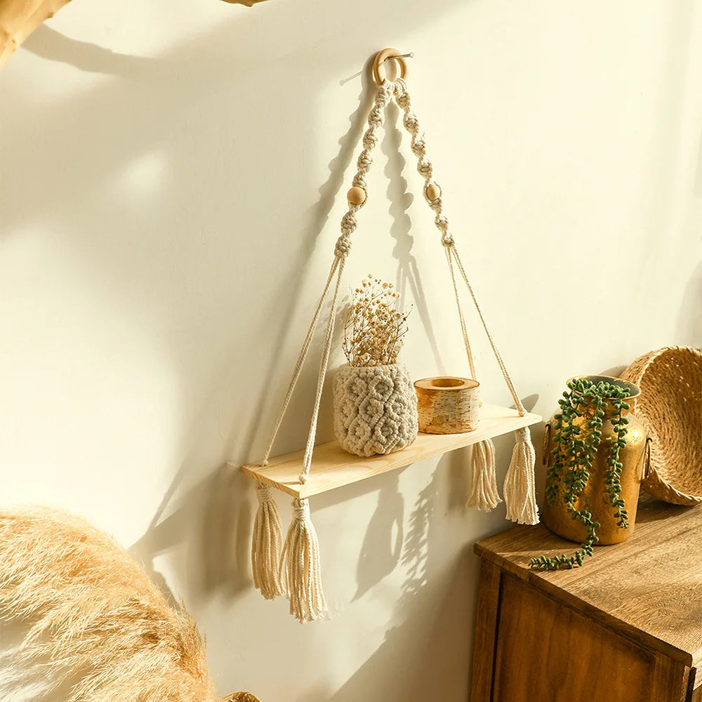 Boho Macrame Wooden Wall Hanging Shelves
