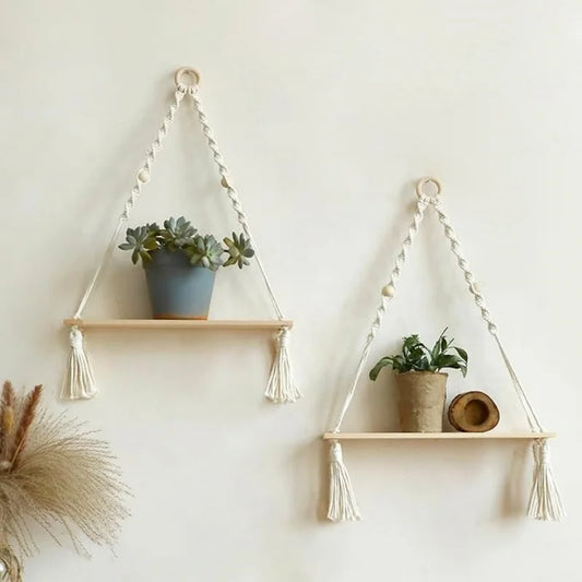 Boho Macrame Wooden Wall Hanging Shelves