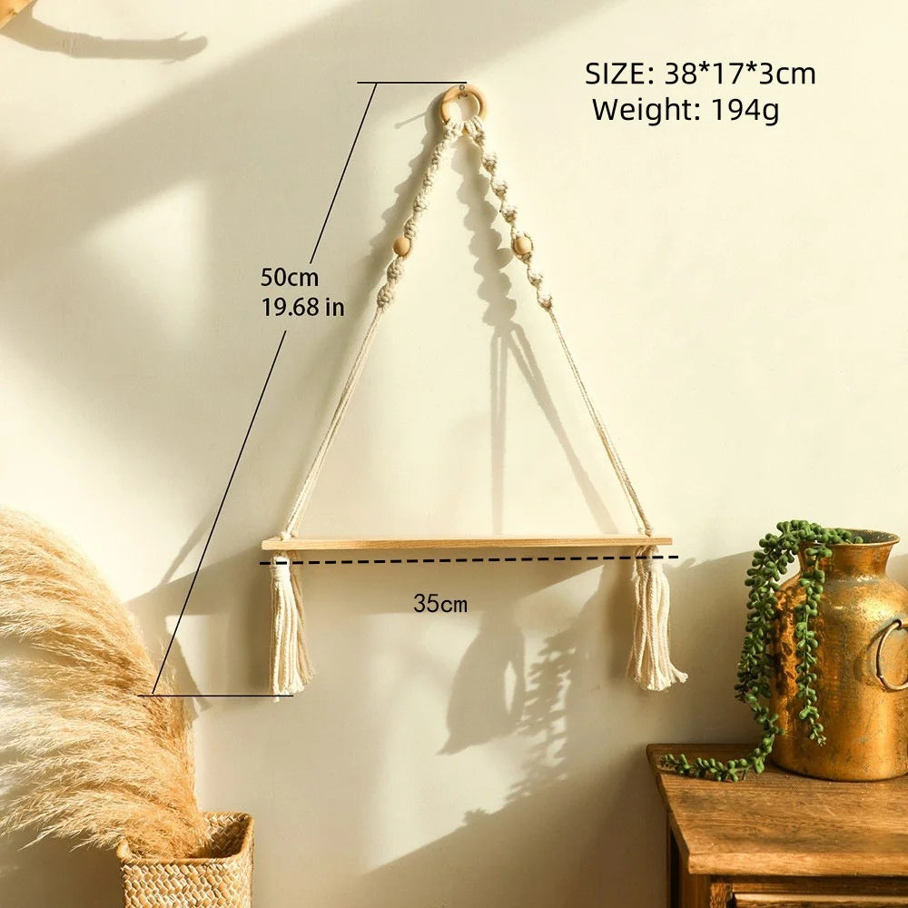 Boho Macrame Wooden Wall Hanging Shelves