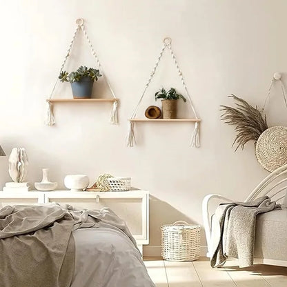 Boho Macrame Wooden Wall Hanging Shelves